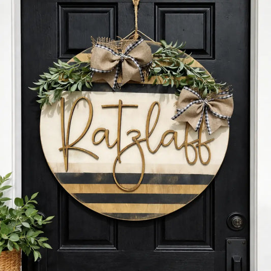 18’’ Wood Door Hanger-White/Small black & Neutral Stripes