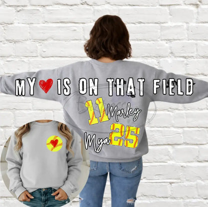 Oversized My Heart Is On The Field Softball/Softball Crewneck